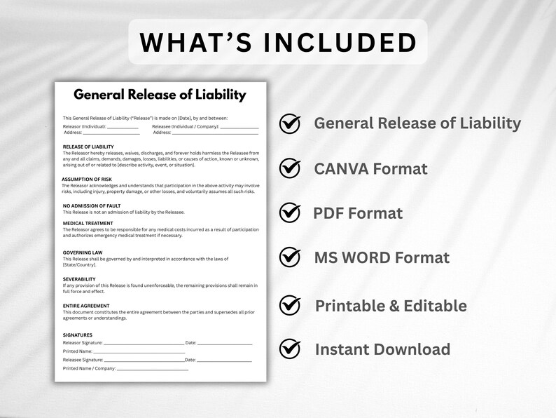 Editable General Release of Liability Form (instant Download) - Etsy