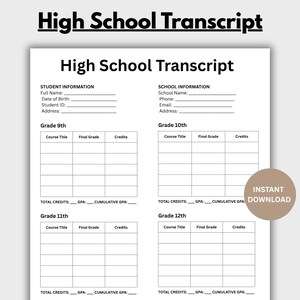 Modelo de histórico escolar do ensino médio editável, formulário de histórico escolar para ensino domiciliar, planilha de controle de notas para impressão, Canva para ensino domiciliar, download instantâneo