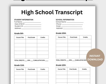 Editable High School Transcript Template, Home School Transcript Form, Printable Grade Tracker, Homeschool Canva, Instant Download