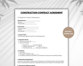Plantilla de contrato de construcción editable (descarga digital)