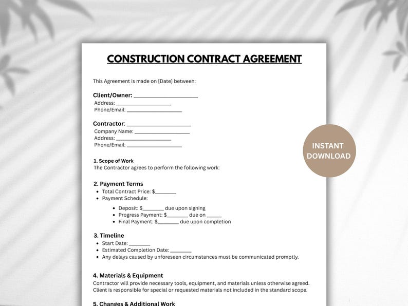 Editable Construction Contract Agreement Template (digital Download) - Etsy