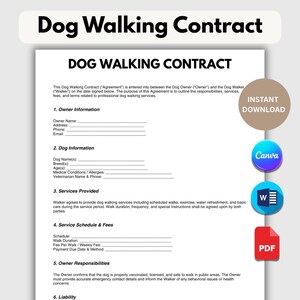 以下が含まれることがあります： 「Dog Walking Contract」というタイトルの、印刷可能な犬の散歩契約テンプレート。所有者情報、犬の詳細、サービス、スケジュール、料金、責任に関するセクションが含まれています。Canva、Word、PDFのアイコンが含まれています。