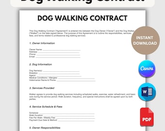 Contrato editable para pasear perros, negocio de paseadores de perros, acuerdo para paseadores de perros, contrato de servicio de paseo de perros, formularios para paseadores de perros / Descarga instantánea