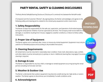 Información sobre seguridad y limpieza para alquiler de artículos para fiestas (PDF) / Formularios de limpieza, advertencias sobre equipos y responsabilidad civil para alquiler de artículos para eventos. Editable en Canva y Word.