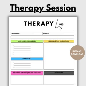 Może przedstawiać: Biały, drukowany dziennik terapii z sekcjami na notatki z sesji, cele klienta i zadania domowe. Dokument zawiera tekst "Therapy Session" i "Therapy Log". Brązowe koło ze słowami "Instant Download" znajduje się w prawym dolnym rogu.