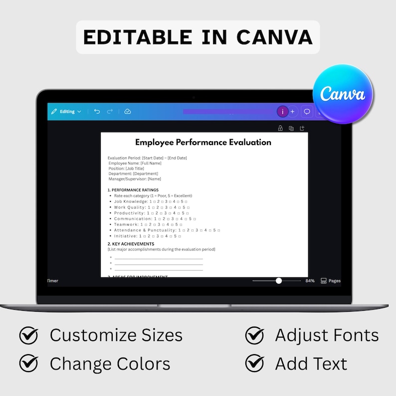 Employee Performance Evaluation Template. Employee Performance Review. Printable Human Resources Form. Editable, MS Word, Canva. Instant PDF