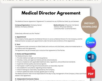 Medical Director Contract Template | Editable & Printable Medical Spa Medical Director Agreement | Instant Download PDF