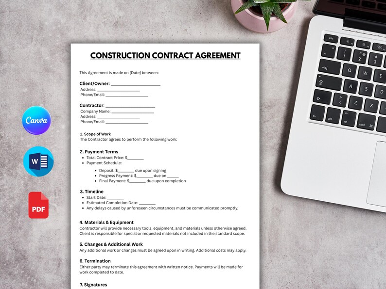Editable Construction Contract Agreement Template (digital Download) - Etsy