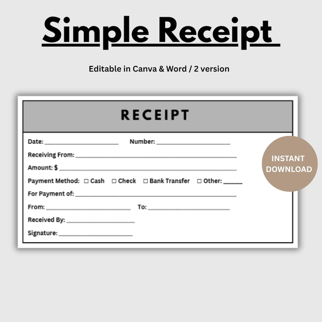 Editable Receipt Template, Simple Business Receipt, Sales Receipt PDF ...
