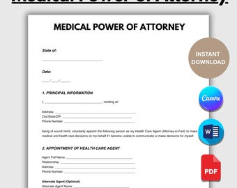 Poder notarial médico editable, plantilla de formulario de poder notarial para atención médica personalizable, poder notarial para atención médica imprimible, autoridad médica