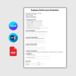 Employee Performance Evaluation Template. Employee Performance Review. Printable Human Resources Form. Editable, MS Word, Canva. Instant PDF