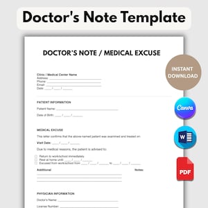 May include: A white Doctor's Note Template with the text "Doctor's Note Template" at the top. The template includes sections for patient information, medical excuse, and physician information. Icons for Canva, Word, and PDF are on the right.