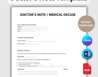 Plantilla de justificante médico - Carta de excusa médica en PDF - Justificante médico para el trabajo o la escuela - Editable - Canva - Microsoft Word