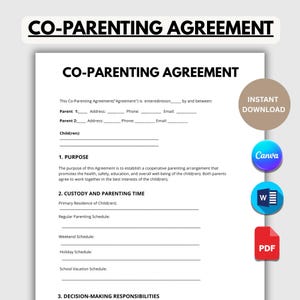 May include: A white document titled CO-PARENTING AGREEMENT with blank lines for parent information, child details, purpose, custody, and parenting time schedules. Includes icons for Instant Download, Canva, Microsoft Word, and PDF file formats.