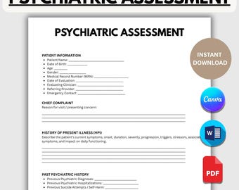 Plantilla clínica en PDF para historial clínico y examen físico en psiquiatría para estudiantes de medicina, psiquiatras y profesionales de la salud - Editable - Descarga instantánea