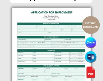 Plantilla de solicitud de empleo / Plantilla de solicitud de empleo imprimible / Formulario de contratación para pequeñas empresas / Solicitud de trabajo / Editable en Canva y Word