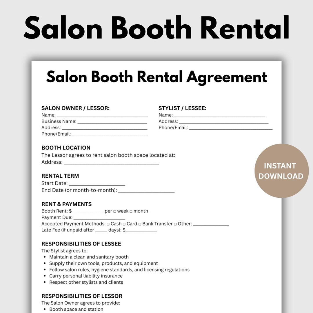 Salon Booth Rental Contract, Customizable Booth Rental Agreement Form ...