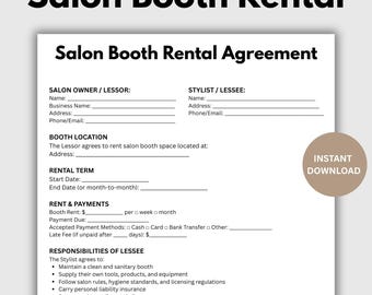 Contrato de alquiler de cabina de salón, plantilla de formulario de contrato de alquiler de cabina personalizable, contrato de arrendamiento de estación de salón imprimible, alquiler de spa, silla de salón Canva