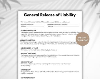 Editable General Release of Liability Form (Instant Download)