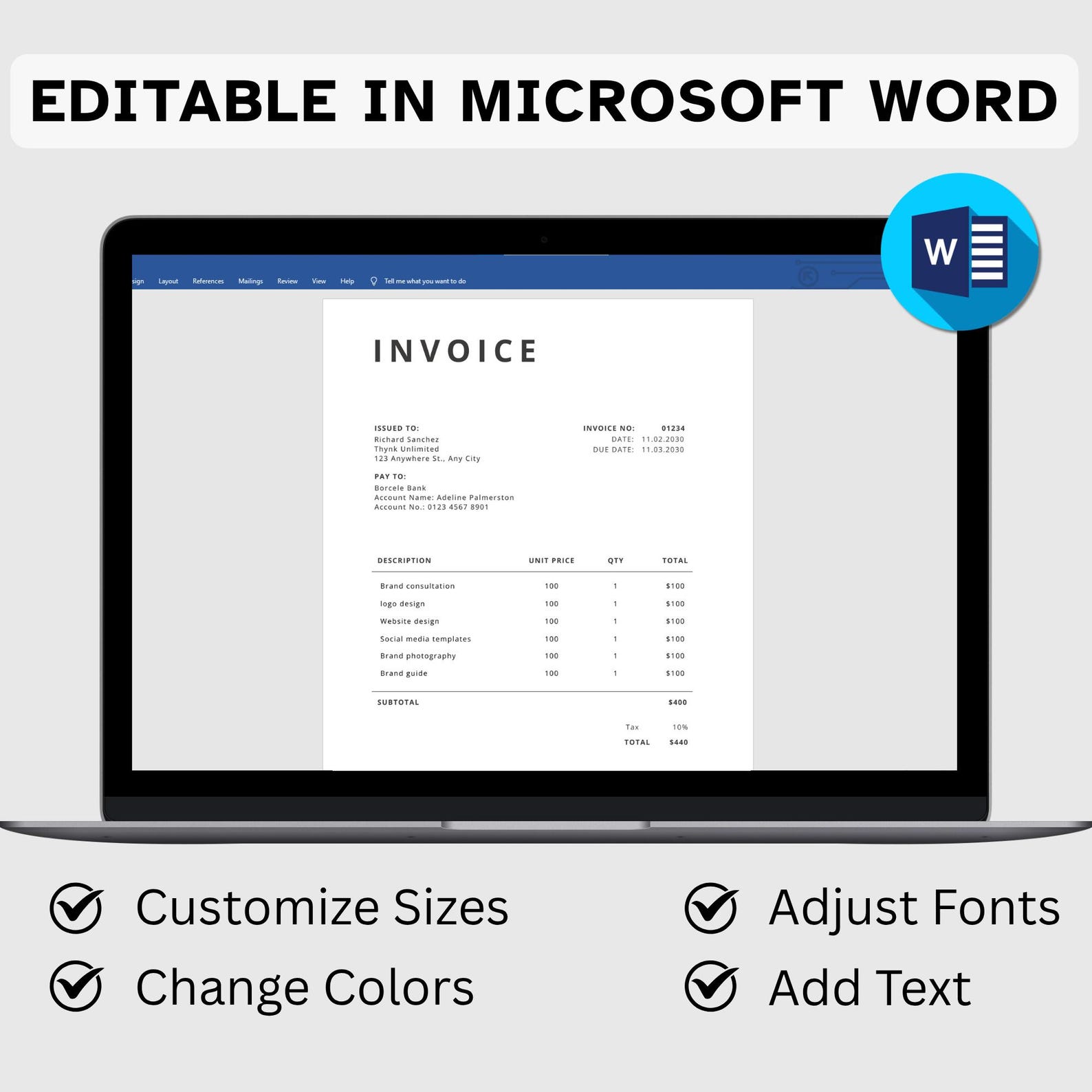 EDITABLE Invoice Template. Printable Invoice Word. Custom Invoice Form ...