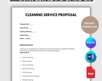 Plantilla de propuesta de limpieza, propuesta comercial de limpieza profesional, formulario de propuesta de limpieza comercial, contrato de servicio de limpieza en formato PDF.