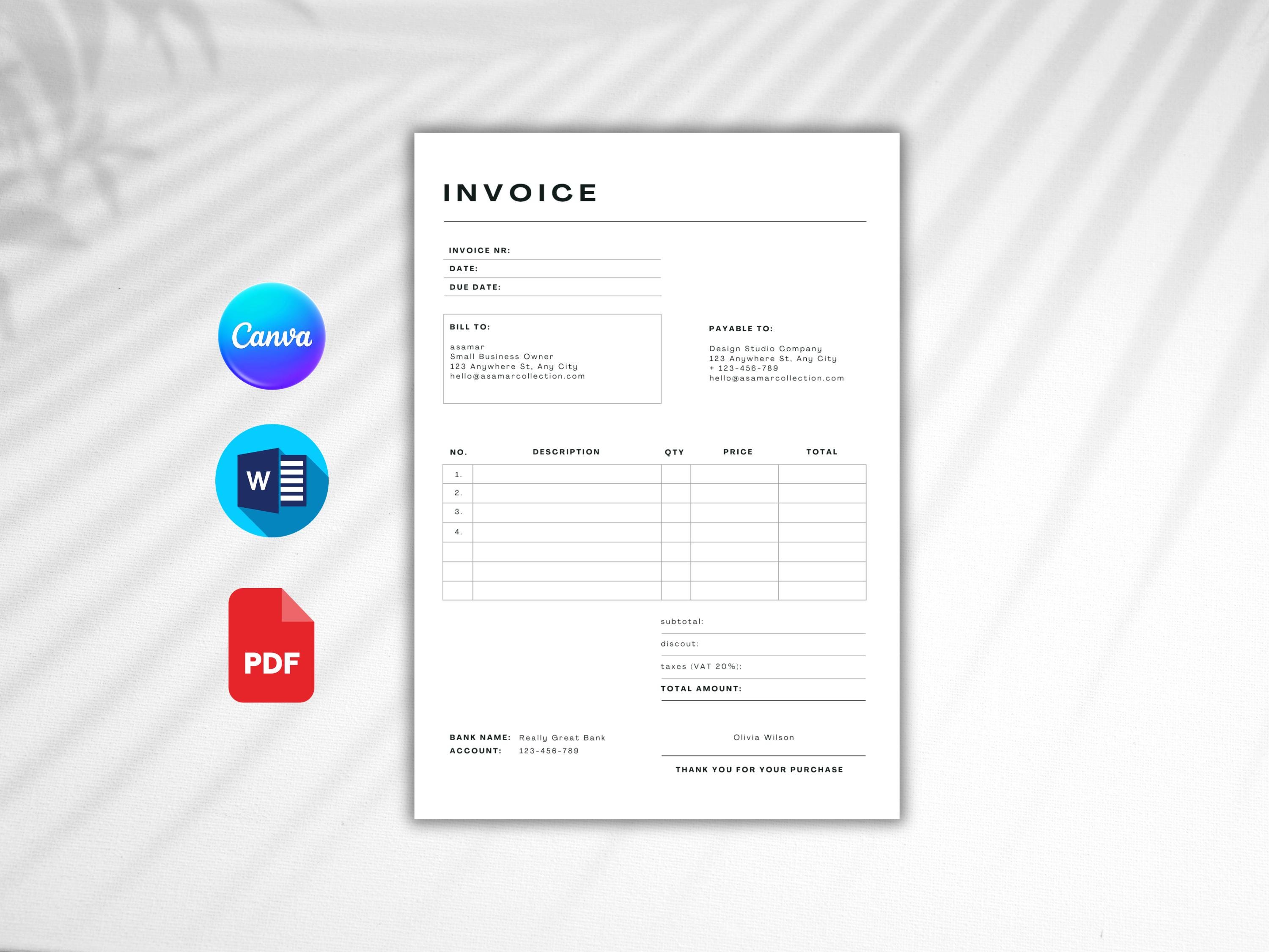 Editable Invoice Template: Professional Business Form (canva, Word, PDF ...
