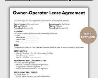 Plantilla de contrato de arrendamiento para propietario-operador / Contrato de transporte / Contrato de despachador de carga y conductor / Descarga de PDF y Word editable