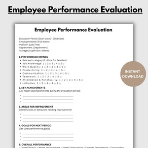 Plantilla de evaluación del desempeño del empleado. Revisión del desempeño del empleado. Formulario imprimible de Recursos Humanos. Editable, MS Word, Canva. PDF instantáneo.