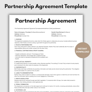May include: A partnership agreement template with the title "Partnership Agreement" in bold black text. The document includes sections for purpose, roles, responsibilities, financial contributions, intellectual property, and confidentiality. An "Instant Download" button is visible.