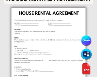 House Rental Agreement, Editable Lease Agreement Template, Printable Residential Housing Contract, Landlord Forms, Property Rental