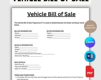 Vehicle Bill of Sale. Printable Motor Vehicle Sale Contract. Vehicle Bill of Sale Template. Editable Canva,  WORD. Instant Download PDF