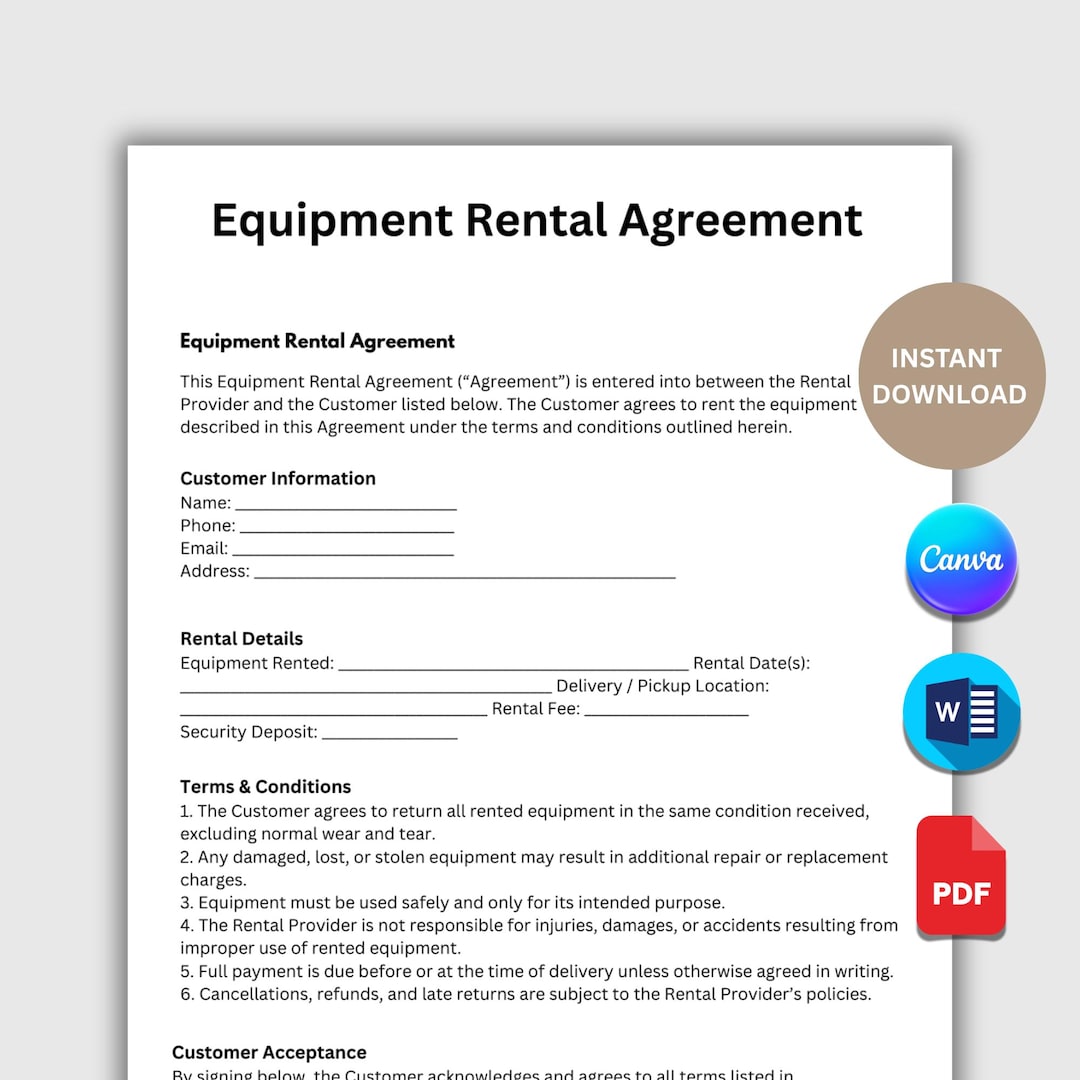Editable Equipment Rental Agreement, Printable Lease Equipment Form ...