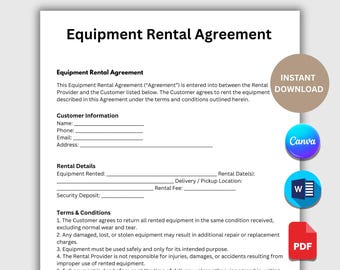 Contrato de alquiler de equipos editable, plantilla de formulario de arrendamiento de equipos imprimible, contrato profesional de alquiler de equipos para eventos (descarga digital instantánea)
