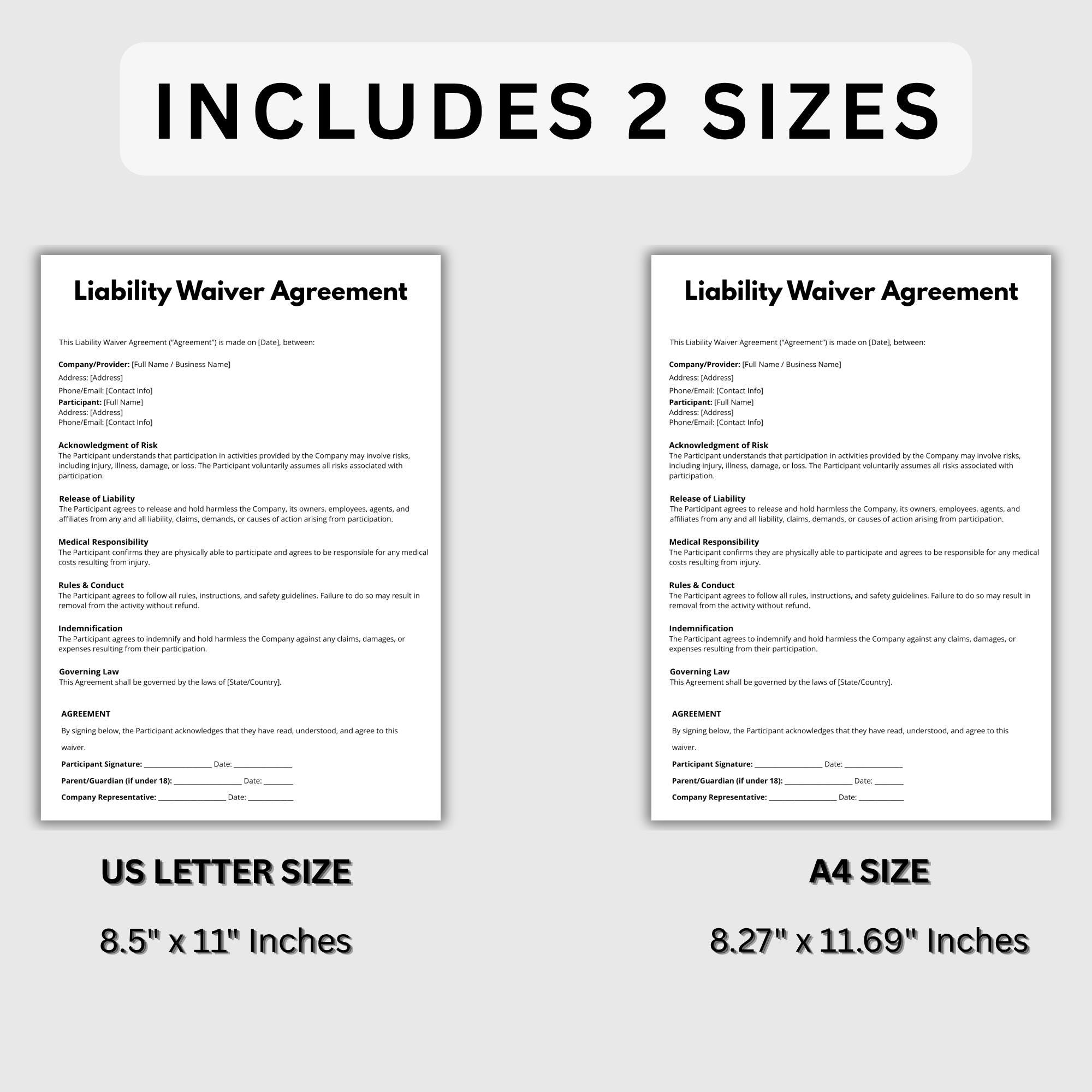 Liability Waiver Agreement, Editable Release of Liability Form Template ...