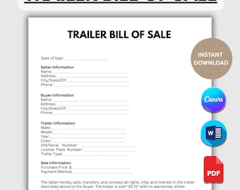 Contrato de compraventa de remolque editable, plantilla de formulario de contrato de remolque imprimible, contrato de compraventa de remolque, contrato de compraventa de vehículo a motor (descarga instantánea)