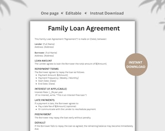 Editable Family Loan Agreement Template, One Page Contract Form (Canva)