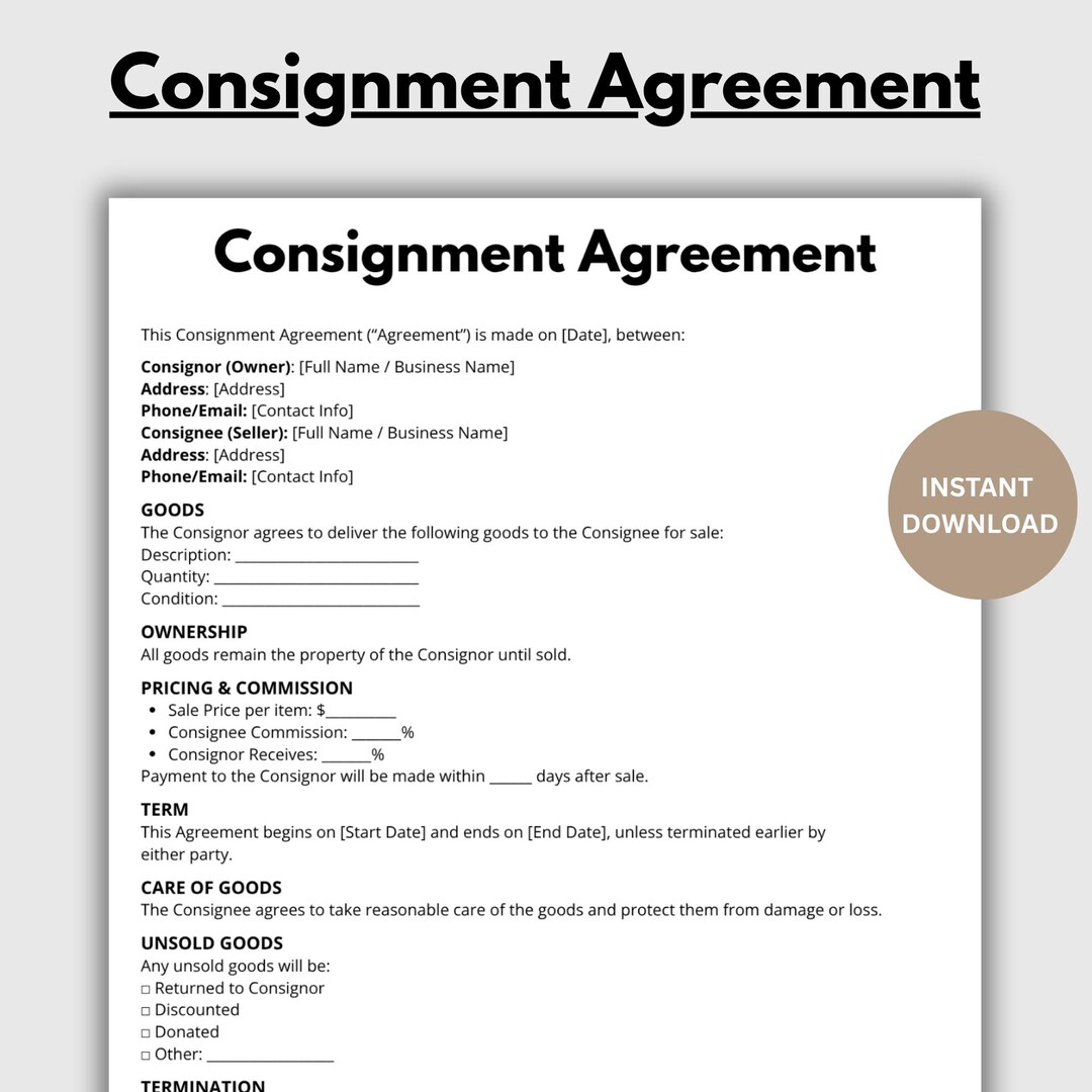 Consignment Agreement, Editable Consignment Contract Form Template ...