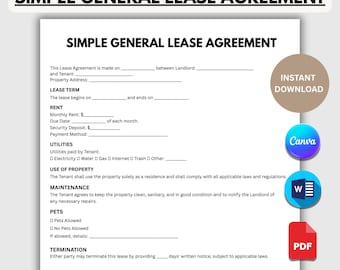 Plantilla sencilla de contrato de arrendamiento general, contrato de alquiler editable, Word y Canva, descarga instantánea en PDF.