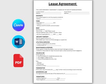 Editable Rental Agreement Template: Printable Lease Contract (Instant Download PDF )