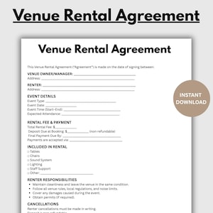 Contrato de alquiler de local, formulario de contrato de alquiler de local para bodas, contrato de espacio para eventos imprimible, instalaciones del local, descarga instantánea en PDF