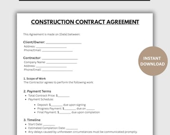 Plantilla de contrato de construcción, formulario de contrato de construcción editable, contrato de obra de construcción imprimible, descarga instantánea en PDF.