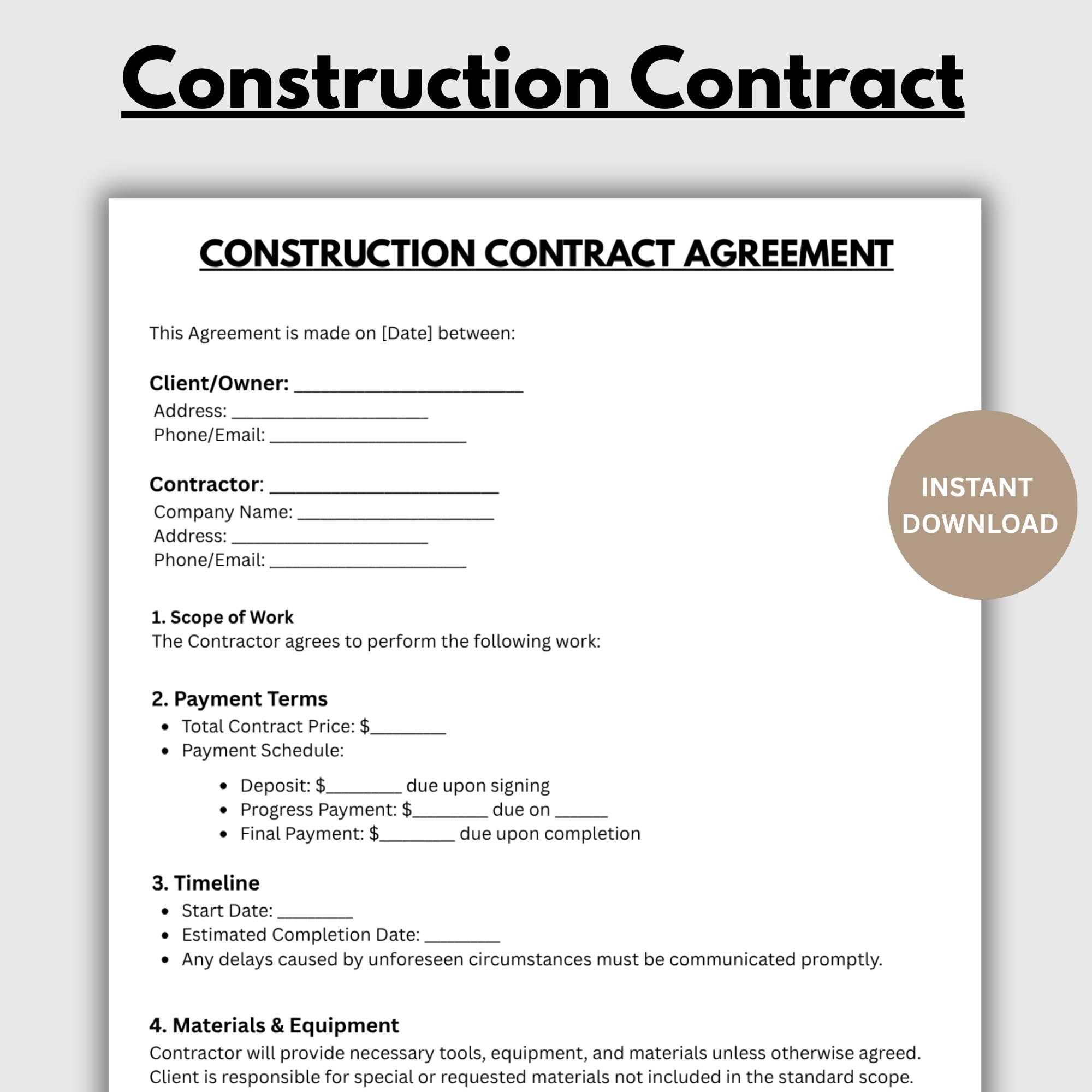 Construction Contract Agreement Template, Editable Construction ...