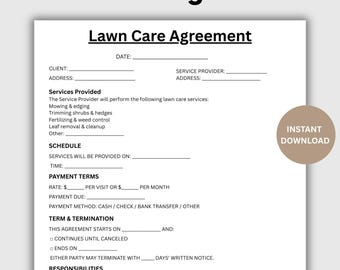 Editable Lawn Care Agreement, One Page Landscaping Contract, Printable Garden Care Agreement, Service Contract, Mowing Contract PDF