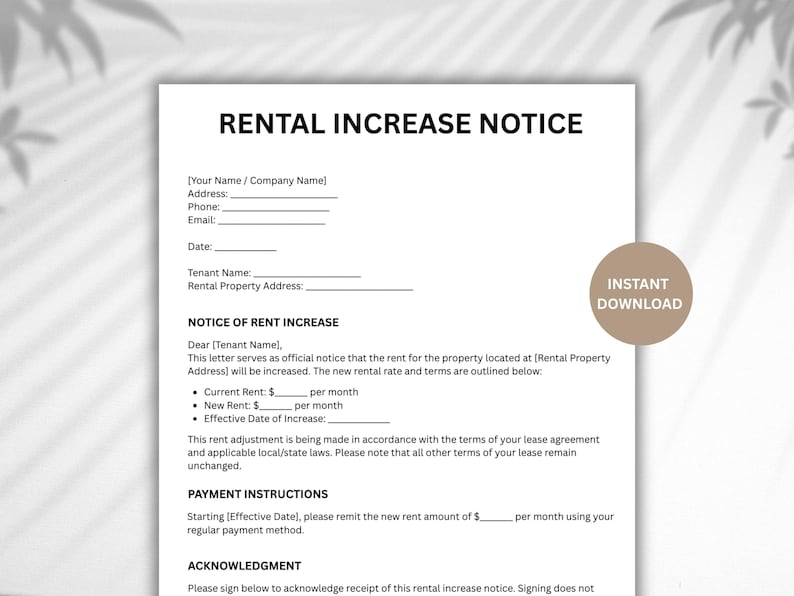 Simple Blank Rent Increase Form.pdf Editable Rental Increase Notice Form (word, PDF, Canva) - Etsy