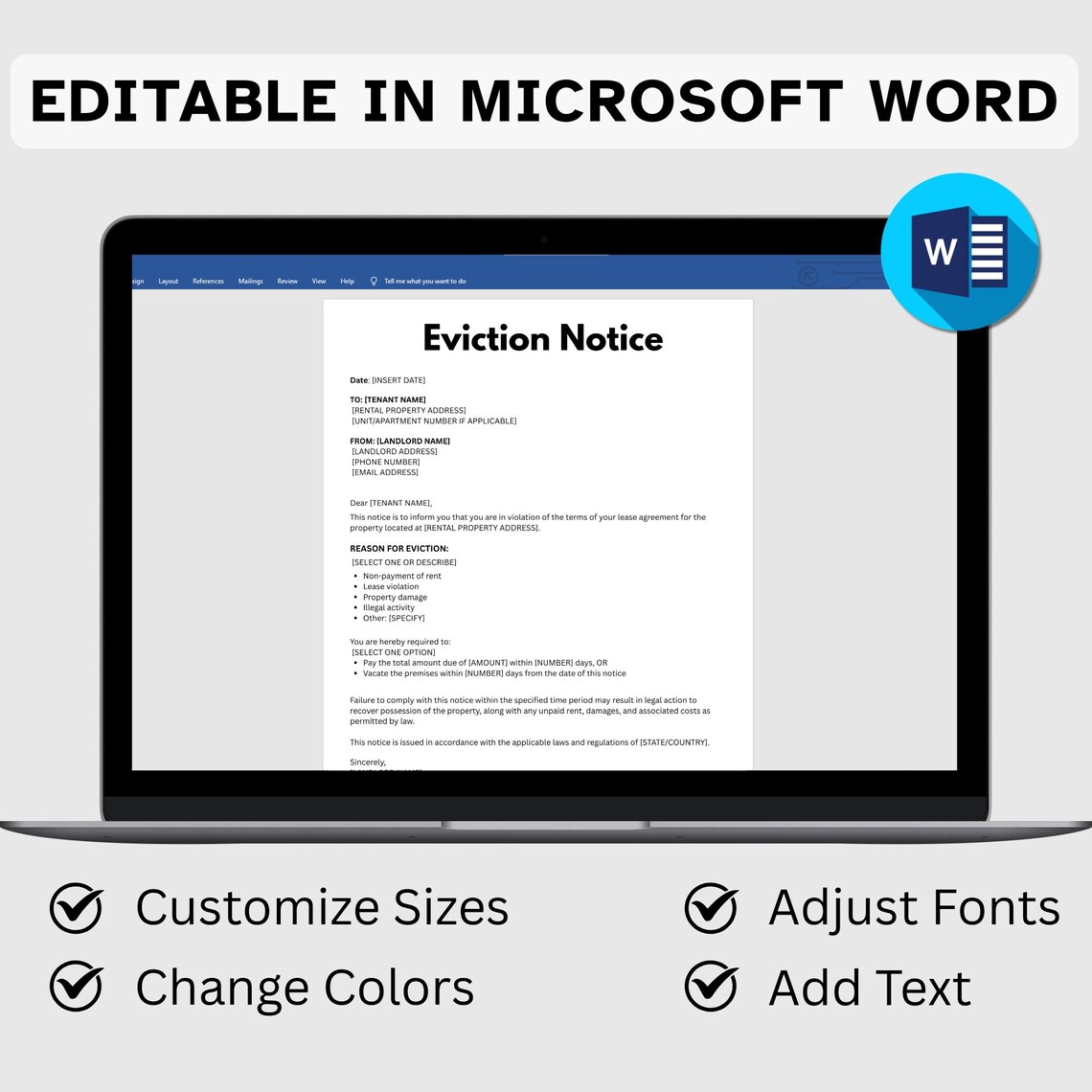 Editable Eviction Notice. Lease Termination Form. Printable Notice to ...