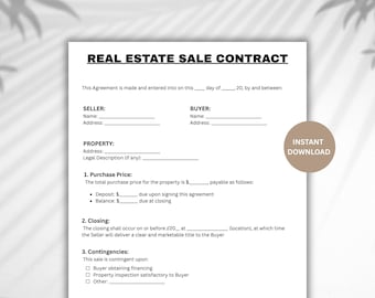 Editable Real Estate Contract, One-Page Purchase Agreement (Digital Download)