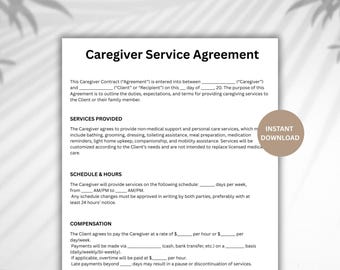 Contrato de cuidador editable, contrato de niñera personalizable, formulario de cuidado de personas mayores (descarga instantánea)