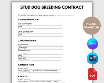 Plantilla de contrato de cría de perros sementales, acuerdo de apareamiento canino editable en PDF, formulario de servicio de camada de cachorros, acuerdo de criador de perros. Descarga instantánea.