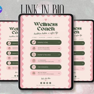 May include: A digital wellness coach menu template featuring a light pink background with scalloped edges. The text reads Wellness Coach, healthier habits, a softer life, and lists categories including workout plans, nutrition guides, and mindset.
