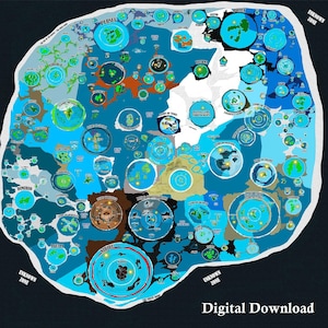 May include: A detailed map with a blue and teal color scheme, featuring numerous circular regions labeled with various names. The map includes the text "Digital Download" at the bottom, and "Unknown Zone" in the corners.